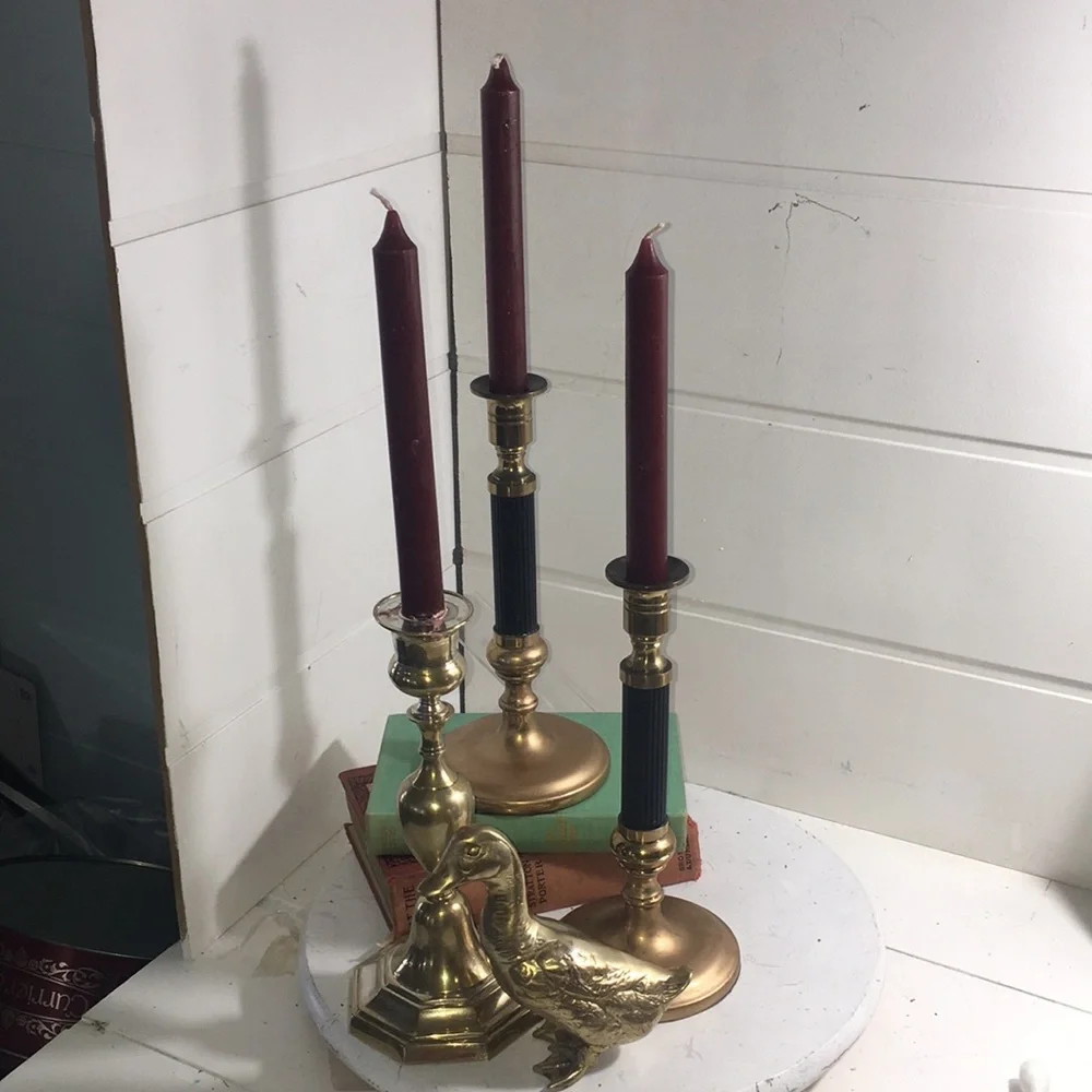 Vintage brass/black tall candle sticks. 3
